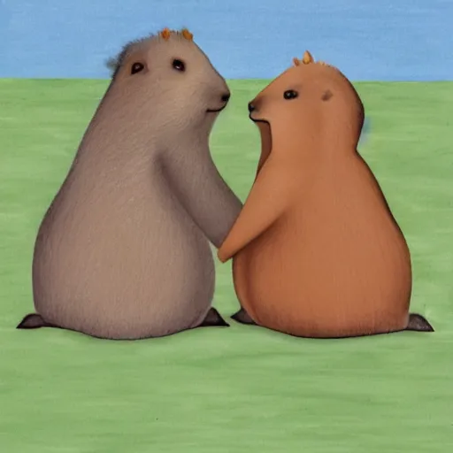 Prompt: Two capybaras, in love, sitting on a park bench with their bodies touching each other, holding hands in the moonlight.