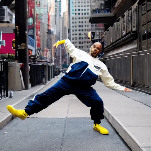 Prompt: an anthropomorphic bird in a tracksuit breakdancing on the streets of New York City