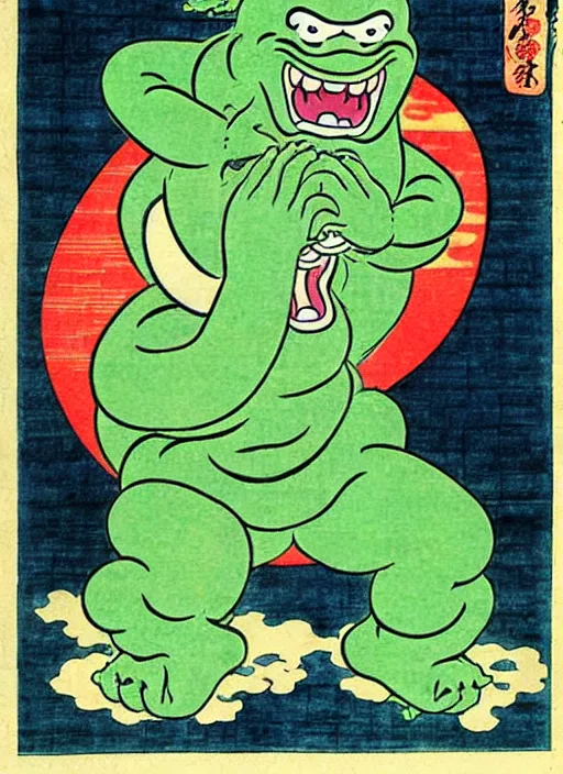 Prompt: slimer as a yokai illustrated by kawanabe kyosai and toriyama sekien