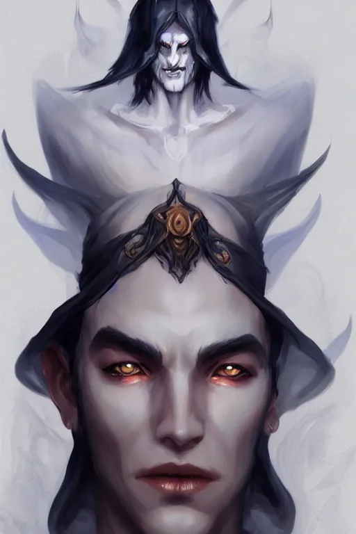 Prompt: djinn man male demon, portrait, white horns, full body character concept art, costume design, illustration, white horns from eyebrows, single face, cinematic color grading, editorial photo, fashion, hyperrealism, trending on artstation, Charlie Bowater, WLOP