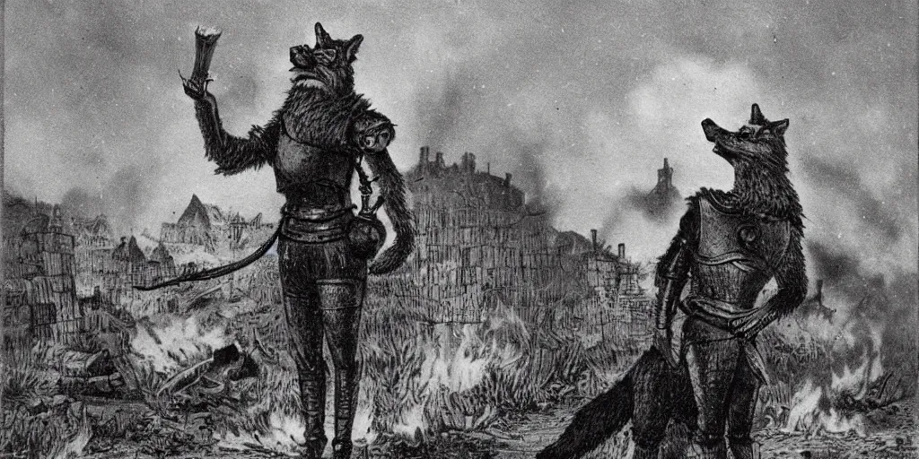 Image similar to anthropomorphic furry wolf in armor standing in front of a burning village, 1900s picture