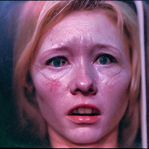 Image similar to 7 0 s film still from a horror movie of anne heche suffering from radiation induced moist desquamation and severe burns, kodachrome, cinecolor, cinestill, film grain, film texture, retro, cinematic, high resolution, photorealism, - w 8 6 7