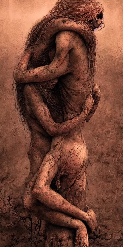 Prompt: death child and women hugging, in the style of keith thompson and zdzislaw beksinski, artstation hd, 8 k, surrealistic digital artwork, post apocalyptic street, new york, psychedelic