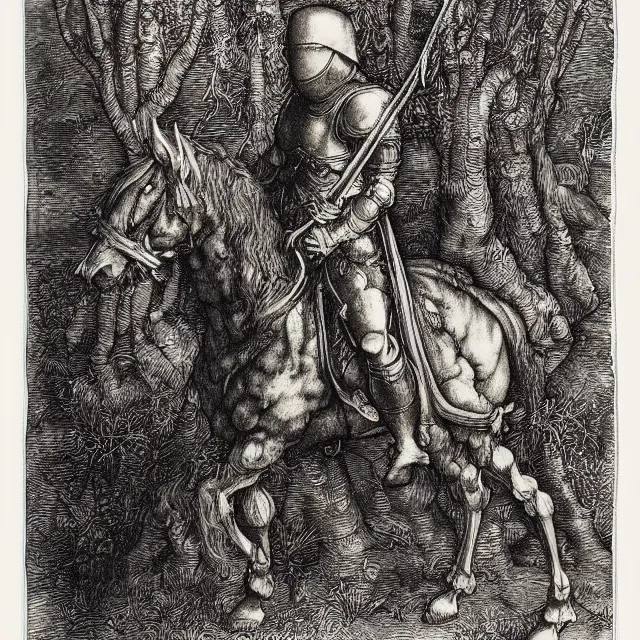 Image similar to “An engraving of a knight in a dark forest by Albrecht Durer, Gustave Dore”