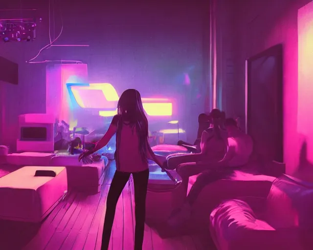 Prompt: a painting of an emo teenager hanging out with her friends at a super cool house party, synthwave, retrowave, synth, volumetric lighting, unreal engine, atmospheric, hip, cool, college party