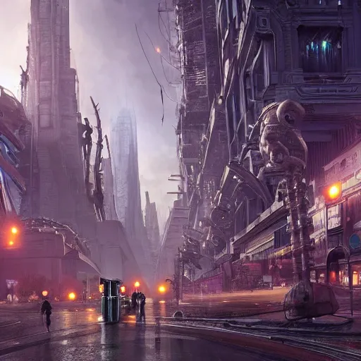 Prompt: enormous alien vehicle walking through the center of a city, high detail, 70’s sci-fi, deep aesthetic, concept art, 4K, highly ornate intricate details