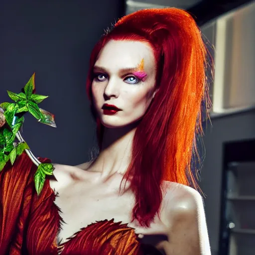 Image similar to A beautiful portrait of Daria Strokous as Poison Ivy from Batman and a model at Maybelline fashion show as a model Spring/Summer 2018, highly detailed, in the style of cinematic, Milan fashion week backstage, Extreme close up, Makeup by Pat McGrath, Hair by Guido Palau, Greg rutkowski