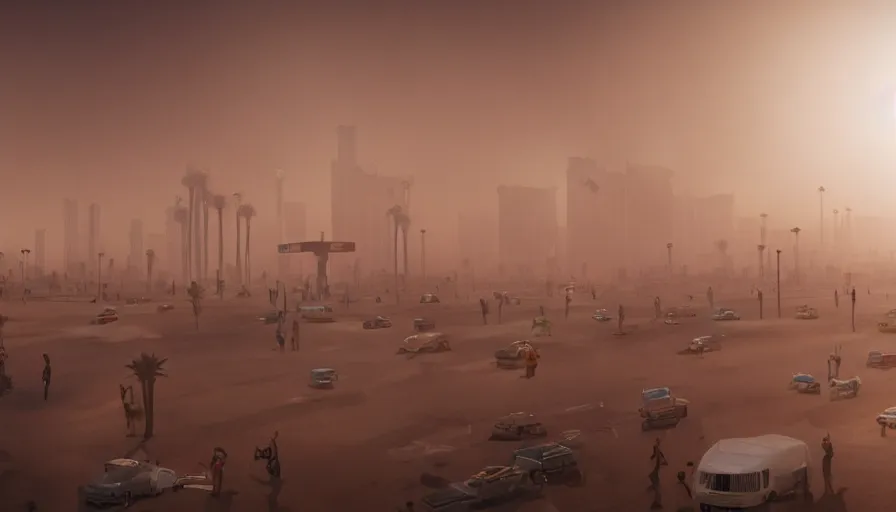 Prompt: Movie scene of huge sandstorm hitting Las Vegas with people fleeying, hyperdetailed, artstation, cgsociety, 8k