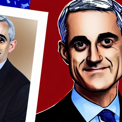 Image similar to digital illustration of secretary of denis mcdonough, glowing eyes, light shining from eyes, evil laugh, menacing, villain, clean lines, clean ink