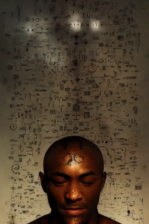 Image similar to A portrait of a dark skinned monk covered in runic tattoos, he is surrounded by glowing floating magical runes, digital art by Ruan Jia , Moebious, Craig Mullin, and Nick Knight