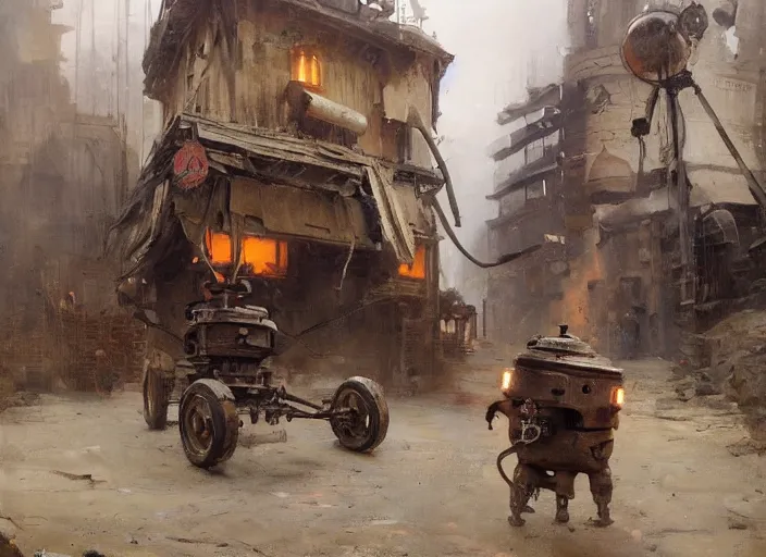 Image similar to oil painting of old rugged zyborg robot in dusty wild west street, art by anders zorn, wonderful masterpiece by greg rutkowski, beautiful cinematic light, american romanticism by greg manchess, jessica rossier