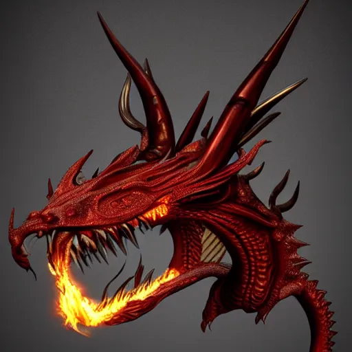 Image similar to a golden dragon with blood red horns breathing black fire, concept art by jason a. engle, featured on zbrush central, photorealism, zbrush, lovecraftian, hard surface modeling