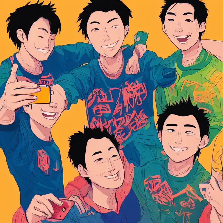 Image similar to a detailed colorful illustration of three guys ( daichi, sugawara, asahi ) posing for a selfie by timothy kong, trending on artstation