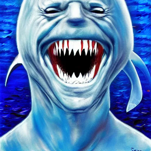 Image similar to joe biden sharkman swimming underwater, shark - human face, impressionism