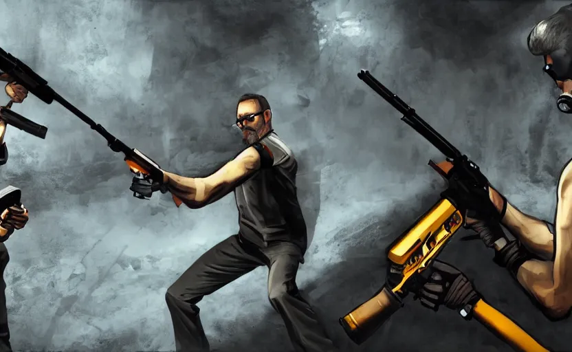 Prompt: gordon freeman vs james bond photorealistic gun fight, wide angle