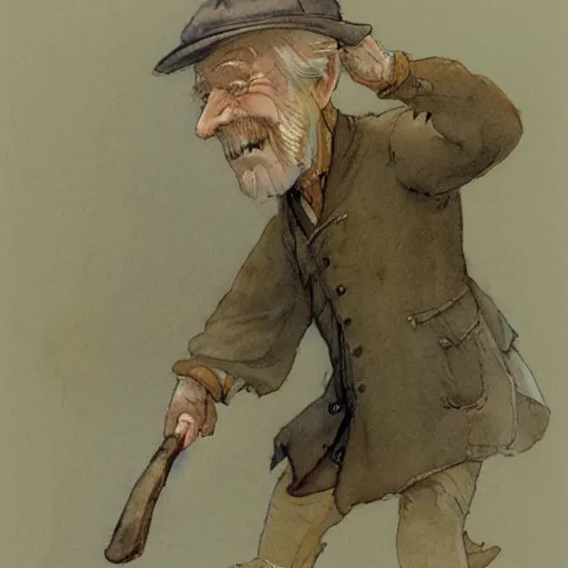 Image similar to a muted color watercolor sketch of a old man little person dancing from story book character ifrom the book Baltimore & Redingote by Jean-Baptiste Monge of an old man in the style of by Jean-Baptiste Monge that looks like its by Jean-Baptiste Monge and refencing Jean-Baptiste Monge