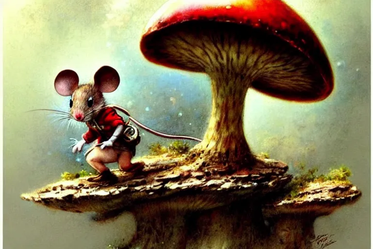 Image similar to adventurer ( ( ( ( ( 1 9 5 0 s retro future mouse in forrest of giant mushrooms. muted colors. ) ) ) ) ) by jean baptiste monge!!!!!!!!!!!!!!!!!!!!!!!!! chrome red