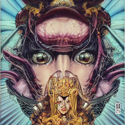 Image similar to portrait of crazy queen, symmetrical, by yoichi hatakenaka, masamune shirow, josan gonzales and dan mumford, ayami kojima, takato yamamoto, barclay shaw, karol bak, yukito kishiro