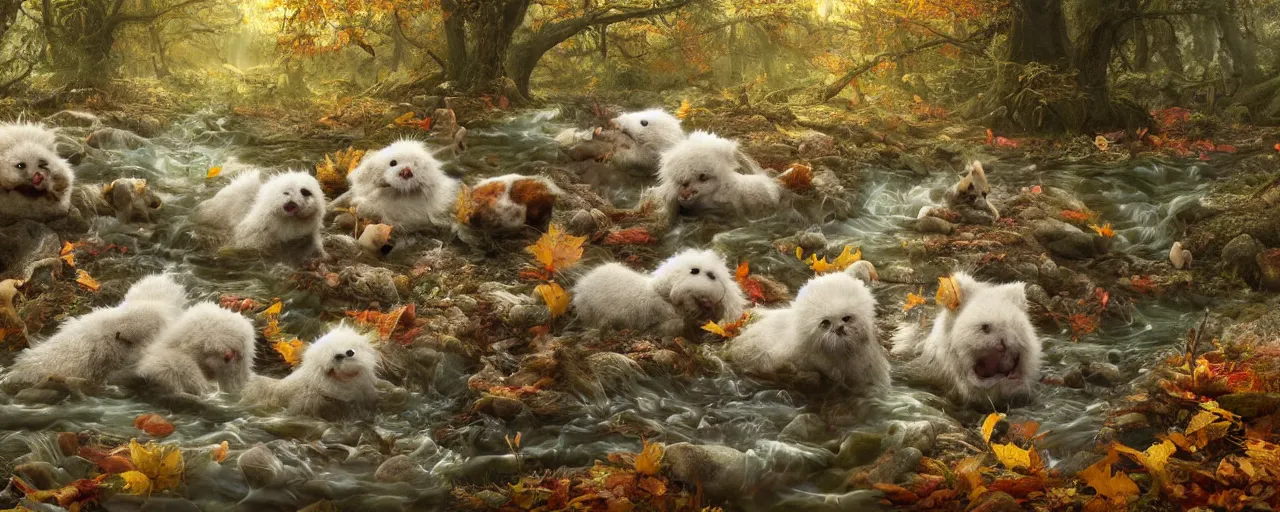 Prompt: wide - angle shot of furry funny creatures bathing in forest stream in autumn, depth of field, zeiss lens, detailed, symmetrical, centered, by nicoletta ceccoli, mark ryden, lostfish, earl nore, hyung tae, frank frazetta, breathtaking, 8 k resolution beautiful artistic, hyperrealistic, octane render