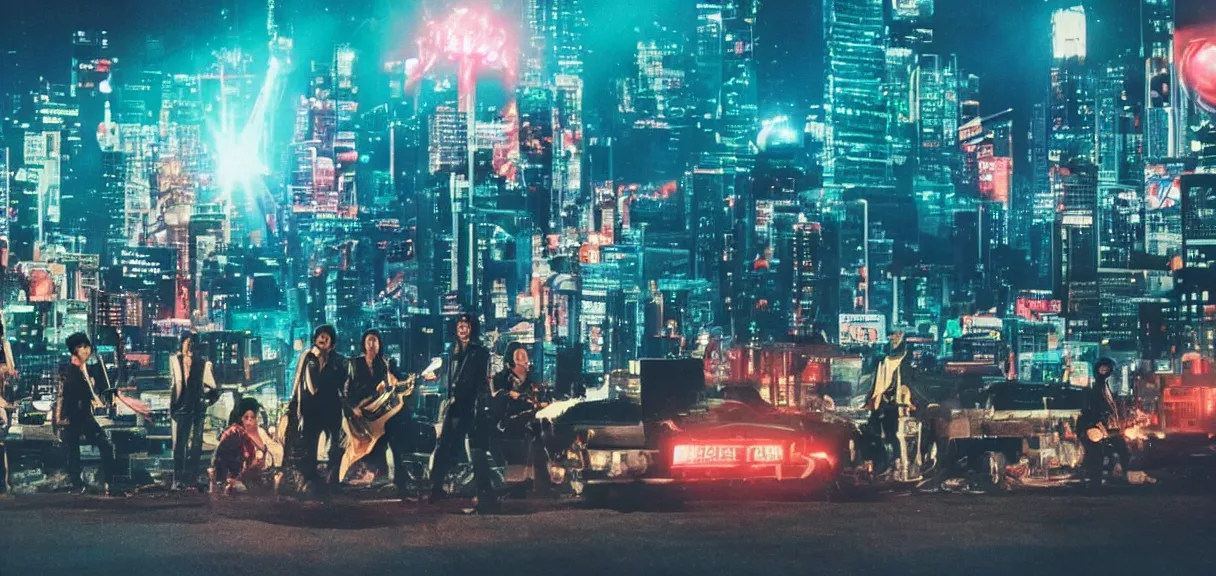 Image similar to The wide shot of disco punk rock Asian band with very long curly dark hair playing on guitars while Godzilla destructs the city, night city on the background, flying saucer in the sky, by Lubezki and David Lynch, anamorphic 35 mm lens, cinematic, anamorphic lens flares 4k