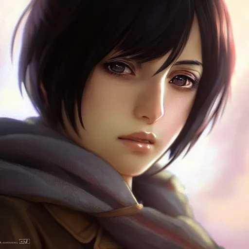 Image similar to mikasa ackerman, bokeh, beautiful face!!!!, 2 7 years old, cg animation, lifelike, animated, realistic, character select portrait, by artgerm, greg rutkowski, alphonse mucha, 3 d