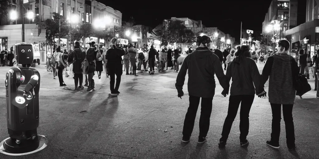 Prompt: two robots holding hands downtown at night in the middle of a crowd, wide angle, 24mm lens