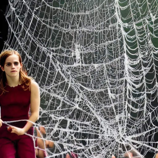 Prompt: frustrated emma watson dangling and trapped in giant spider webs