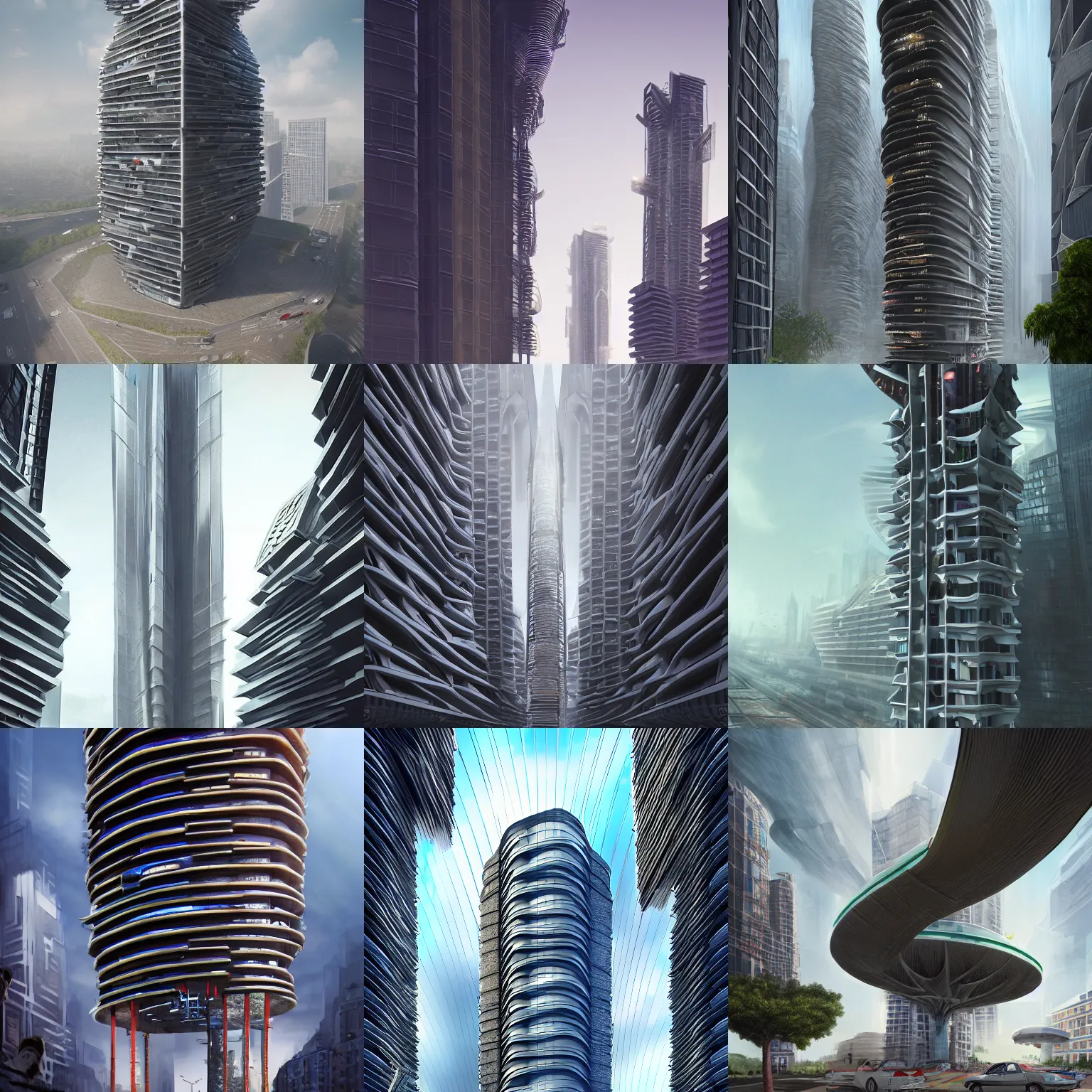 Prompt: matte painting of the street level view of umbrella tower. futuristic architecture. dynamic perspective. urban, detailed digital art trending in artstation