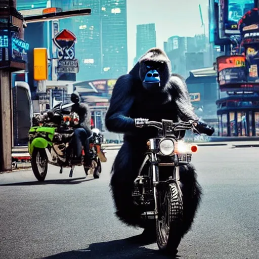 Image similar to a gorilla is riding a motor cycle in a cyberpunk city