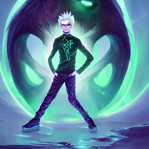 Image similar to Young Danny phantom with glowing green eyes and sharp teeth fangs alt art fashion punk, art by WLOP and Charlie Bowater and WLOP and Mark Arian and Ross Tran + neon colors, symmetry,A digital matte intricate illustration concept art , intricate complexity, epic composition, magical atmosphere, highly detailed, cinematic lighting + masterpiece, trending on artstation + 8k