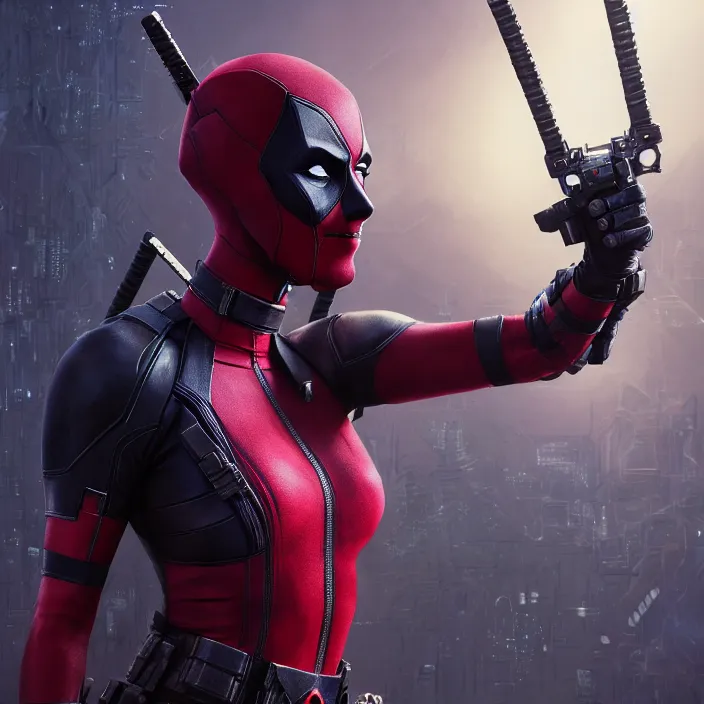 Image similar to charlize theron as lady deadpool. intricate abstract. intricate artwork. by tooth wu, wlop, beeple, dan mumford. octane render, trending on artstation, greg rutkowski very coherent symmetrical artwork. cinematic, hyper realism, high detail, octane render, 8 k, iridescent accents
