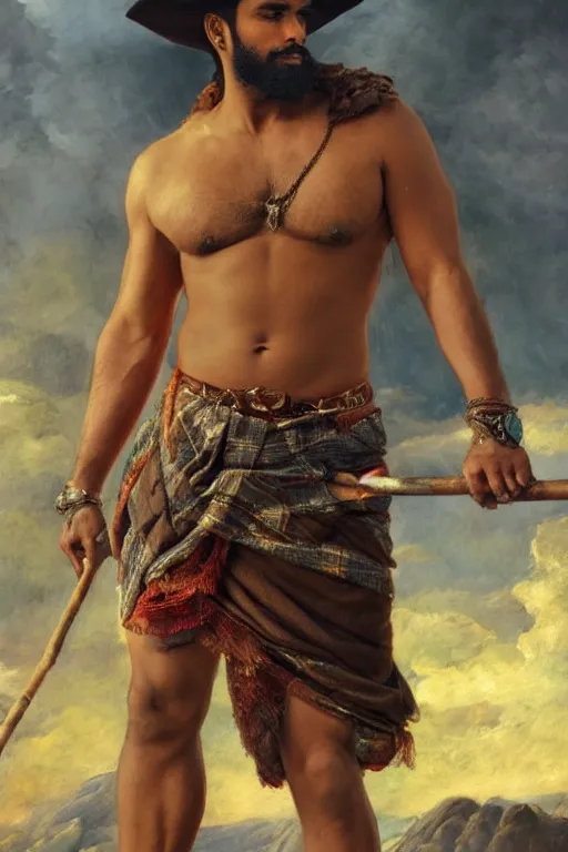 Prompt: a dramatic epic beautiful ethereal painting of a handsome beefy shirtless desi man in the mountains | he is wearing a plaid kilt and cowboy hat, and holding a walking stick | background is clouds | dramatic lighting, golden hour, homoerotic, realistic, art nouveau | by mark maggiori and walter crane | trending on artstation