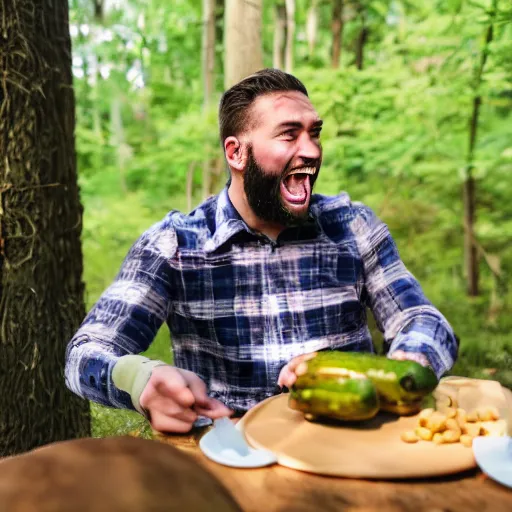 Prompt: someone with big buck teeth biting into a pickle