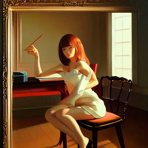 Image similar to oil painting by ilya kuvshinov,, baugh casey, rhads, coby whitmore, of a youthful japanese beauty, long hair, sitting on antique chair leaning against a desk, victorian room