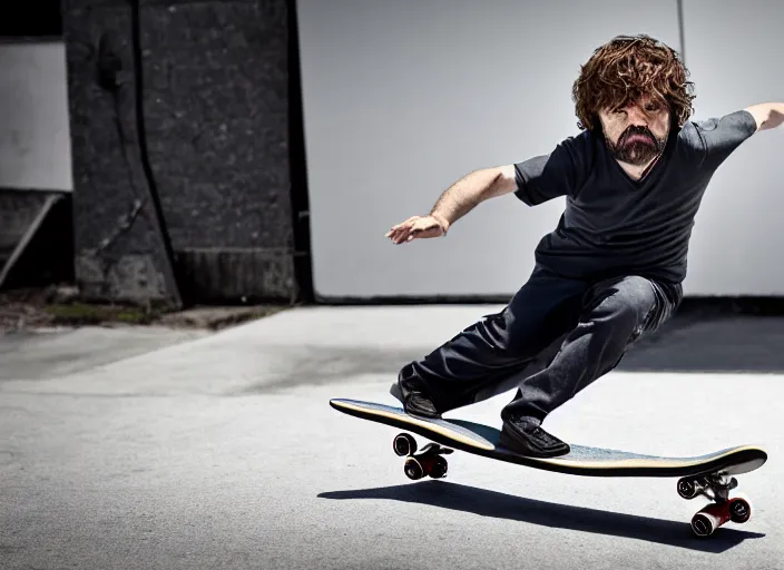 Image similar to dslr photo still of peter dinklage on a skateboard flying through the air, 4 k, 1 2 0 mm f 1 6
