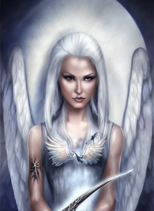 Image similar to a woman with white hair and wings holding a sword, a digital rendering by Anne Stokes, deviantart, fantasy art, deviantart hd, deviantart, angelic photograph