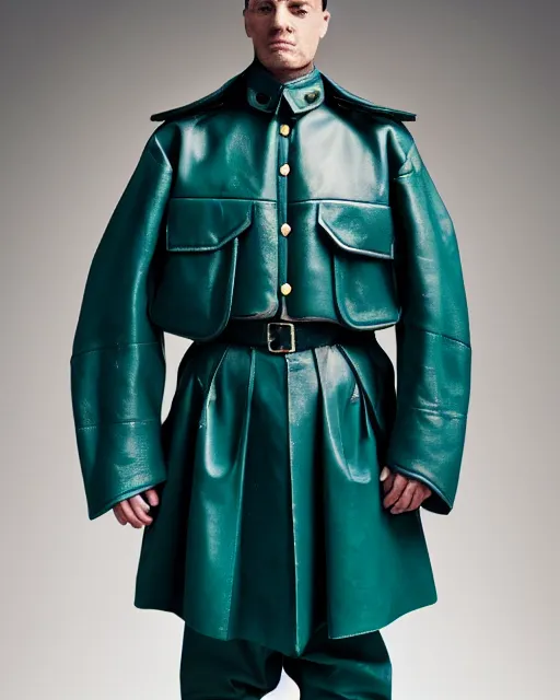 Image similar to an award - winning editorial photo of a teal extremely baggy but cropped ancient medieval designer menswear leather dutch police jacket with an oversized large collar and baggy bootcut trousers designed by alexander mcqueen, 4 k, studio lighting, wide angle lens