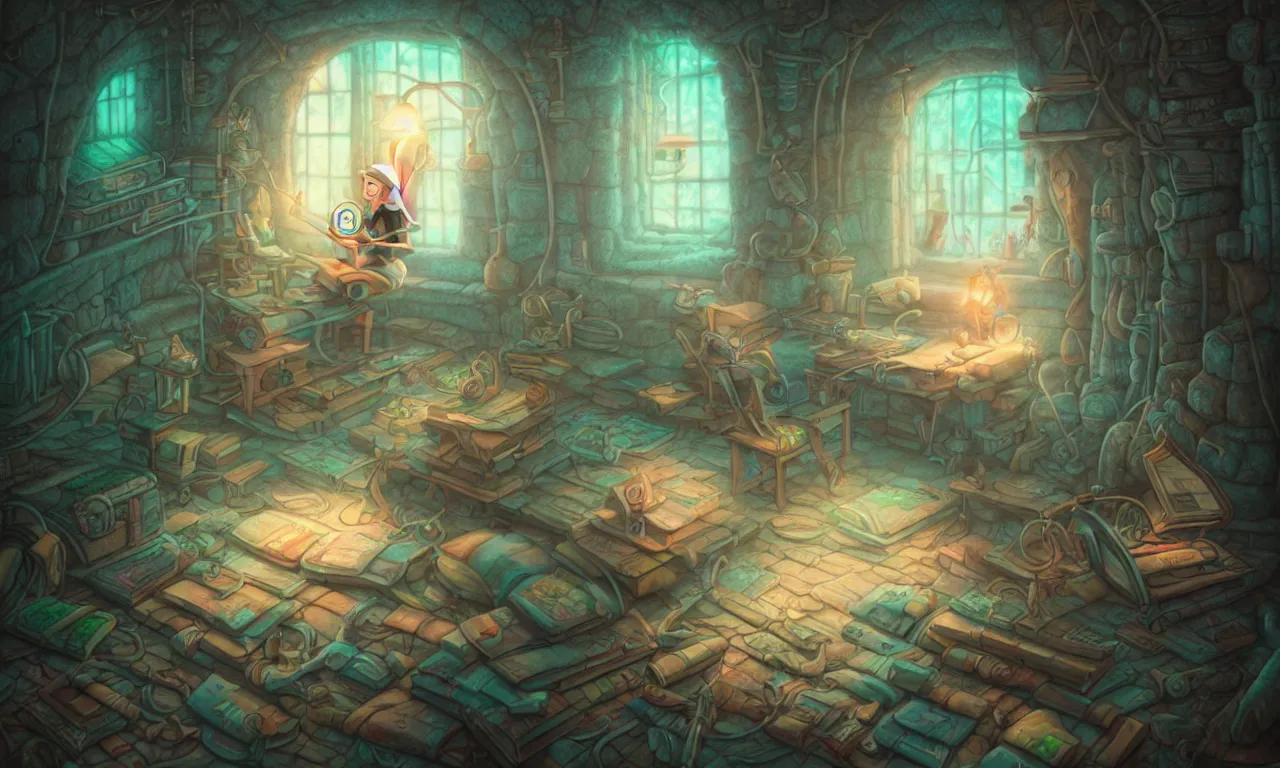 Prompt: elf tinkerer, twiddle, twoddle, kerberos, realm, open door, wizard reading a directory, nordic pastel colors, abandoned railroad, 3 d art, digital illustration, perfect lighting