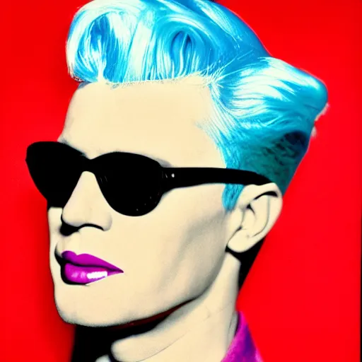 Image similar to Colorized Stylistic Portrait of Andy Warhol with shutter shades and a high top fade pompadour fade short hairstyle, taken in the 1970s, photo taken on a 1970s polaroid camera, grainy, real life, hyperrealistic, ultra realistic, realistic, highly detailed, epic, HD quality, 8k resolution, body and headshot, film still, front facing, front view, headshot and bodyshot, detailed face, very detailed face