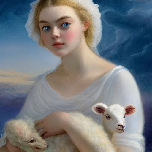 Prompt: professional painting of Elle Fanning in Santorini holding a white lamb in the style of Thomas Lawrence, head and shoulders portrait, symmetrical facial features, smooth, sharp focus, illustration, intricate, stormy weather, extremely detailed masterpiece,