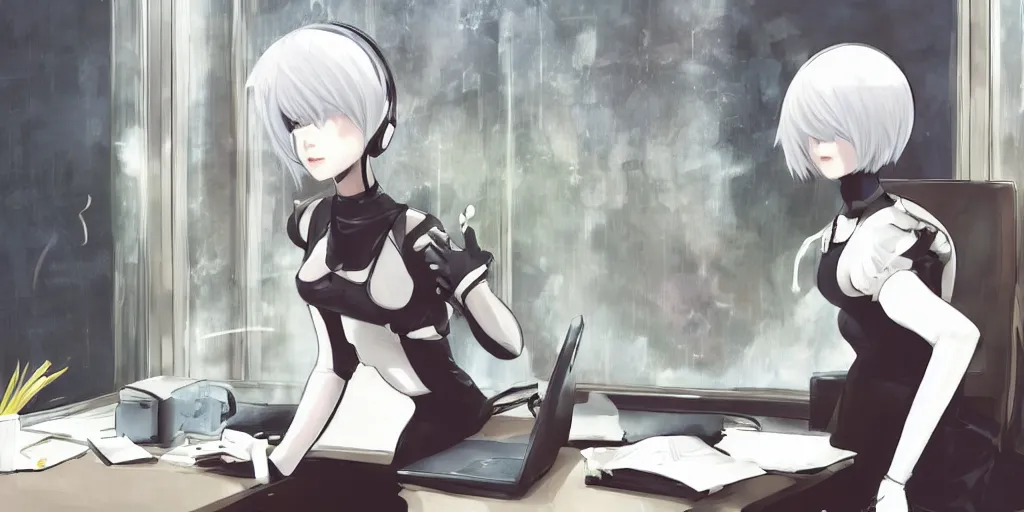 Prompt: 2b from nier automata sitting at a desk studying with headphones on in front of a laptop, background is a tinted window looking out into a white church, Ghibli studio art, high quality anime, photoshop, digital art, detailed facial features