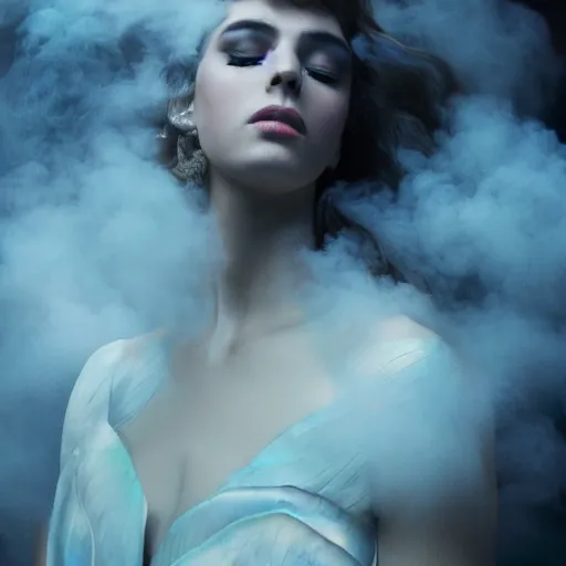 Image similar to A beautiful form made of pale blue smoke in the style of Aldo Katayanagi + Thick Milky Smoke + Mother Of Pearl +Milk and ink+ Iridescent smoky Elements + Moody Cinematic Lighting + Deep Shadows + Hyper Realistic + Maximalist Composition + Intricate Eldritch tendrils + 8K portrait + fluid dynamics