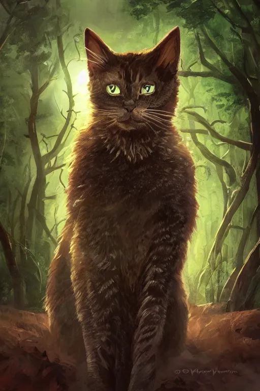 Image similar to warriors book cover, cat in a forest, by wayne mcloughlin, trending on artstation, backlighting