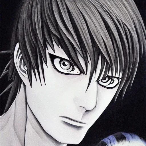 Prompt: Grim Reaper portrait drawn Yusuke Murata and Takeshi Obata, inspired by Death Note 2003 manga,intricate detail, photorealistic style, intricate detailed oil painting, detailed illustration, oil painting, painterly feeling, sharp high detail