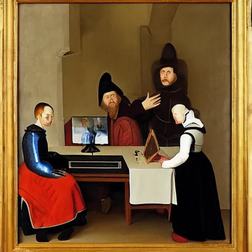 Image similar to a painting of a medieval era group of people looking at a computer in the style of diego velazquez