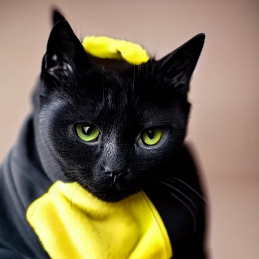 Prompt: black kitty wearing yellow hoodie