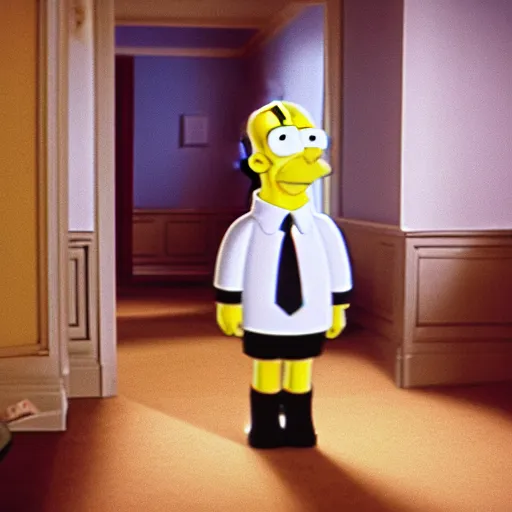 Image similar to homer simpson in a scene from the shining, 7 0 mm zeiss prime lens,