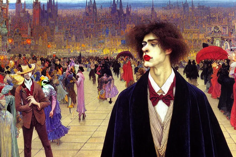 Image similar to realistic extremely detailed closeup portrait painting of an elegant blond male vampire in a cape, detailed crowded crowded city street on background by Jean Delville, Amano, Yves Tanguy, Ilya Repin, Alphonse Mucha, William Holman Hunt, Ernst Haeckel, Edward Robert Hughes, Roger Dean, rich moody colours