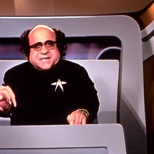 Image similar to captain danny devito sitting in the captains chair of the USS Enterprise, Star trek, still, star trek the next generation