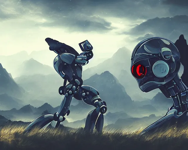 Image similar to two humanoid futuristic robot fighting each other, landscape, Cyberpunk, Steampunk, cloudy, mountains on background, peaceful day